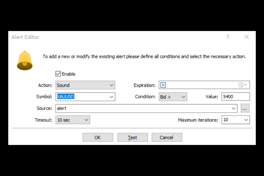 Set up a price alert via the MT5 alert dialog