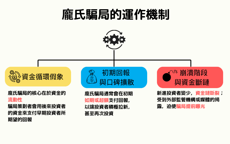 庞氏骗局的运作机制图，说明资金循环假象、初期回报与崩溃阶段的三个步骤