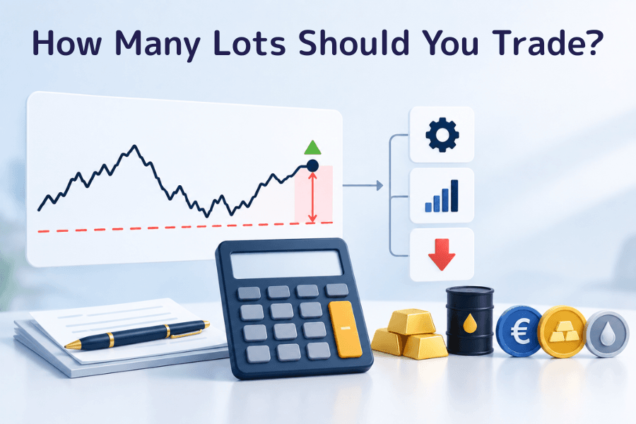 Cover image for How Many Lots Should You Trade? A price chart marks the entry point and the dashed stop-loss line below it, with the red band between them showing the risk distance; beside it a calculator and icons for gold, crude oil and currencies. Investment column
