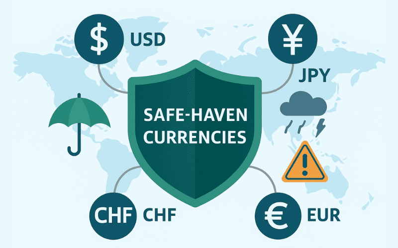  避险货币概览图，标示美元、日圆、瑞士法郎与欧元等主要避险货币与全球位置分布
