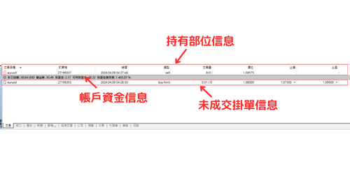 MT5(Windows版)中确认持有仓位、挂单、当前账户资金信息的方法