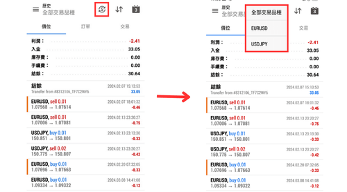 MT5（Android版）的交易历史