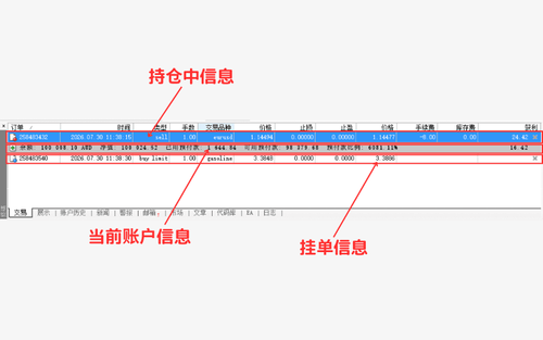 MT4(Mac 版)终端「交易」选项卡(仓位・挂单・账户信息)的确认方法