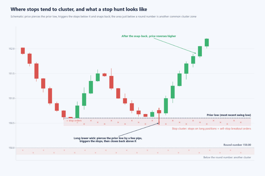 Schematic of stop clusters and a stop hunt: two stop clusters marked below the prior low and below a round number; a long lower wick pierces the prior low by a few pips, triggers the stops, closes back above the low, and price then reverses higher