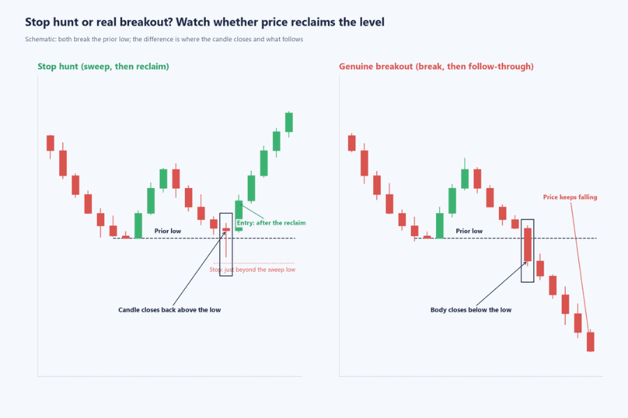 Side-by-side comparison of a stop hunt and a genuine breakout: on the left, price breaks below the prior low, the candle closes back above it and price reverses higher; on the right, the candle body closes below the prior low and price keeps falling