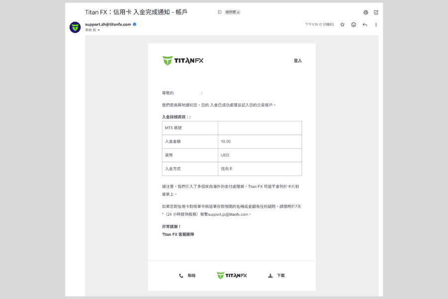 Titan FX 信用卡入金成功通知电子邮件