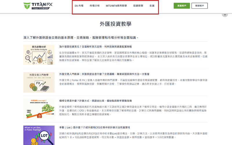 Titan FX 研究所外汇投资教学页面，包含 EA 市场、MT4/MT5 使用教学、交易支援与市场分析。