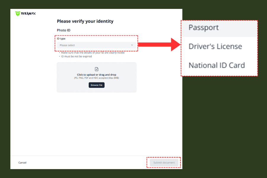 Titan FX ID Upload Screen