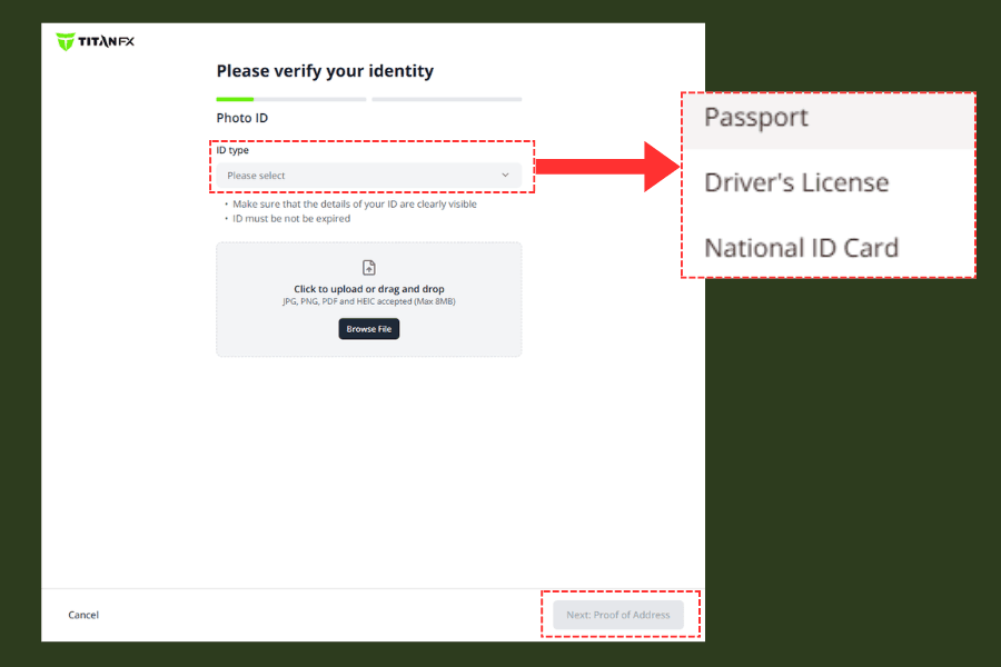 Titan FX ID Upload Screen
