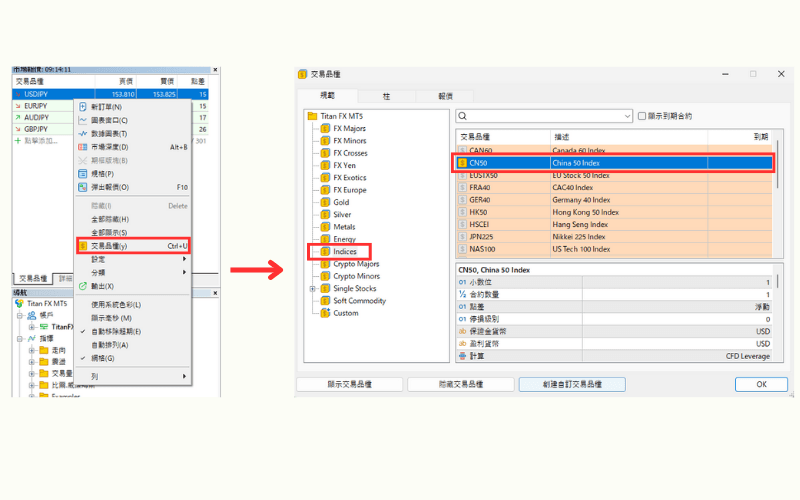 MT4/MT5「市场报价」中添加CN50指数