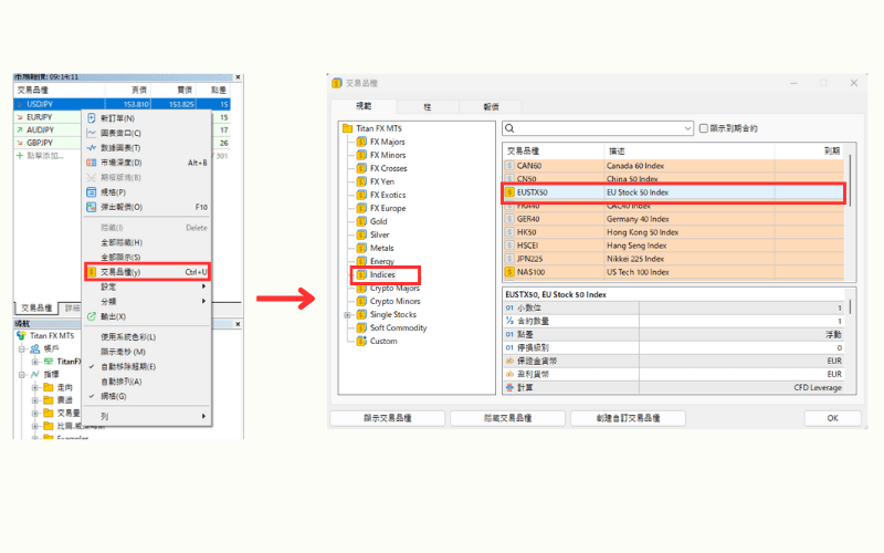  MT4/MT5「市场报价」中添加EUSTX50指数