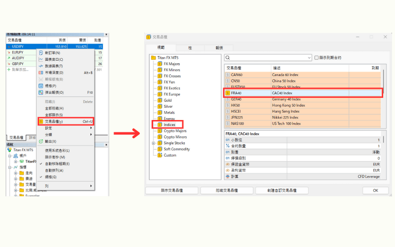 MT4/MT5「市场报价」中添加FRA40指数 