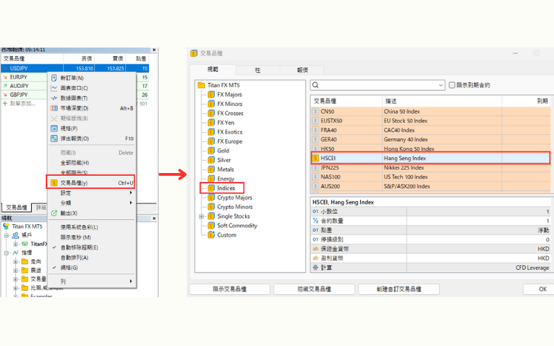  MT4/MT5「市场报价」中添加HSCEI指数