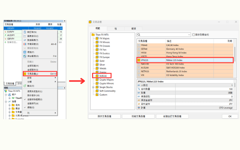 MT4/MT5「市场报价」中添加JPN225指数 