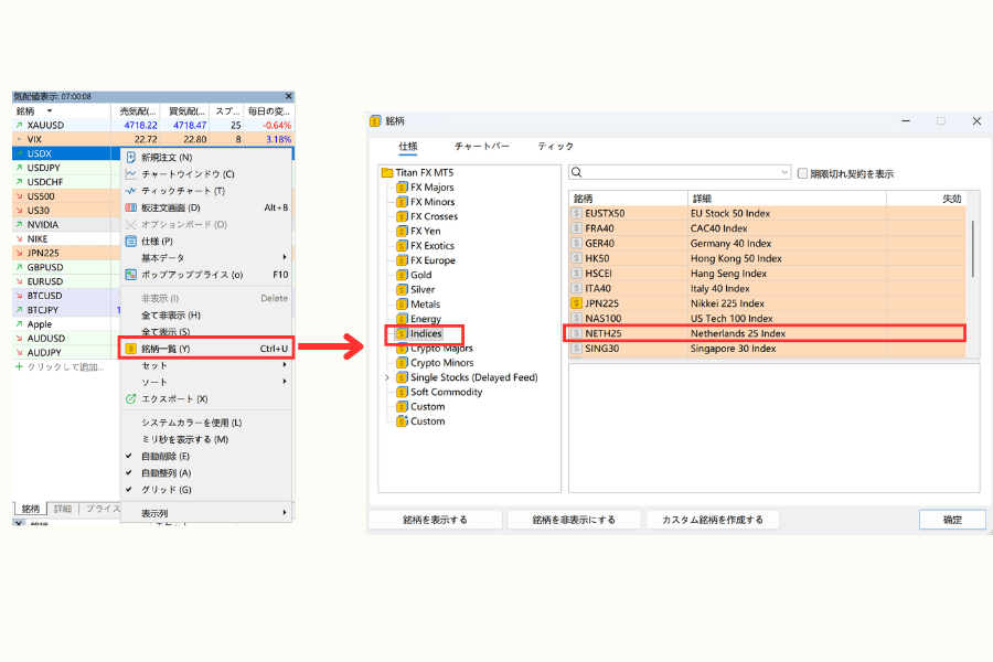 MT4/MT5でNETH25の気配値を追加する手順