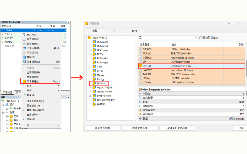  MT4/MT5「市场报价」中添加SING30指数