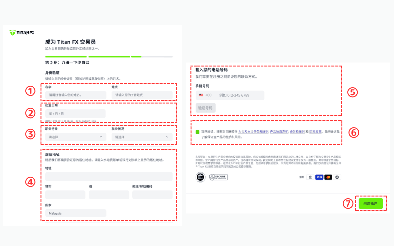 Titan FX 个人资料与短信验证画面