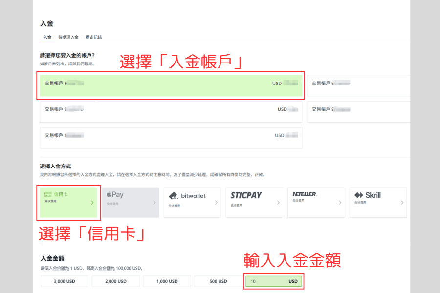 Titan FX 入金页面选择交易账户信用卡入金并输入入金金额