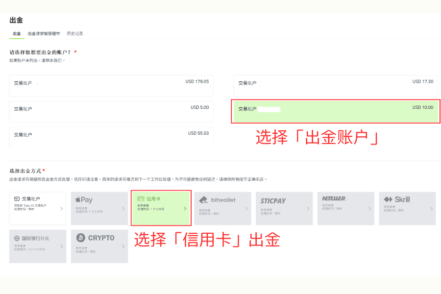在Titan FX出金頁面選擇交易帳戶，並選擇信用卡作為出金方式