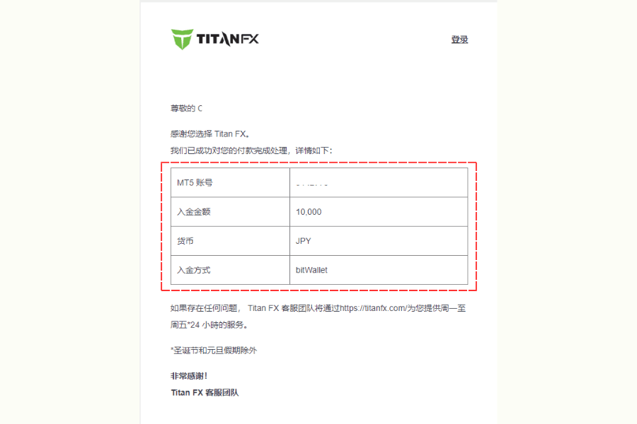 Titan FX 入金成功通知邮件示意图