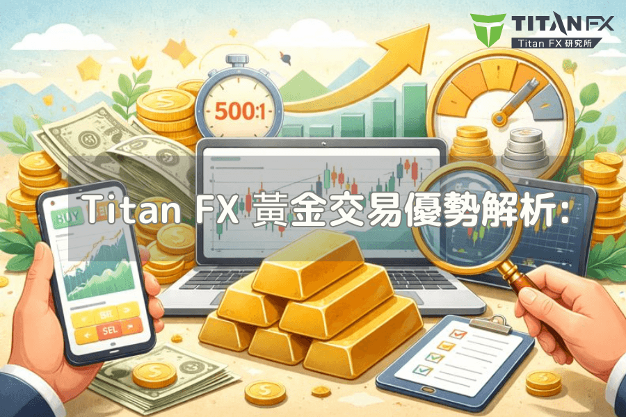 Titan FX 黃金交易優勢解析封面圖:金條與 XAU/USD 走勢線,貴金屬投資教學