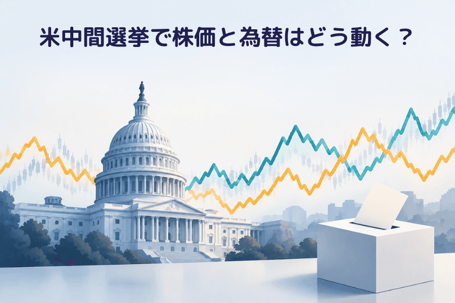 米中間選挙で株価と為替はどう動く？カバー画像：米連邦議会議事堂のシルエットと、上下に揺れる株価・為替のラインと投票箱、投資コラム