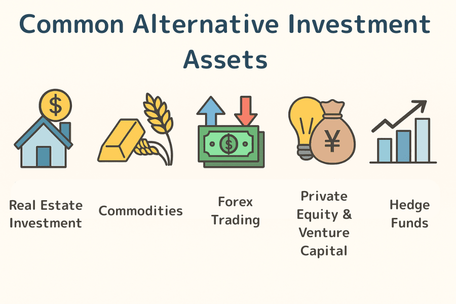 Common alternative investment assets: real estate, commodities, forex trading, private equity and venture capital, and hedge funds