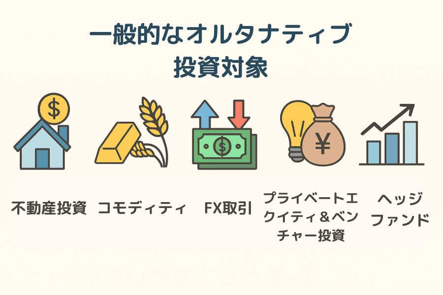 オルタナティブ投資の主な種類:不動産、コモディティ、外国為替、プライベート・エクイティ、ヘッジファンド