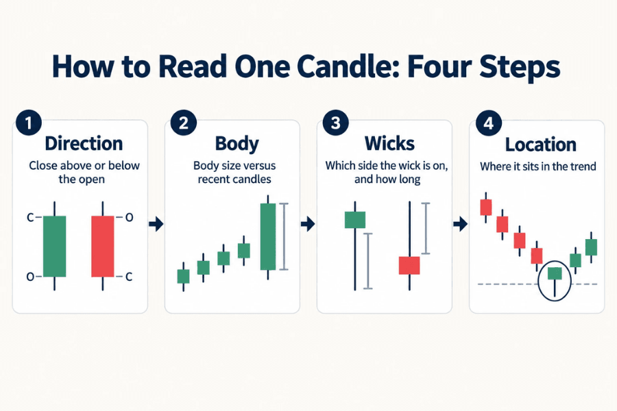 Four-step diagram for reading one candle: Direction, Body, Wicks, and Location arranged left to right, showing close above or below the open, body size versus recent candles, which side the wick is on and how long, and where it sits in the trend