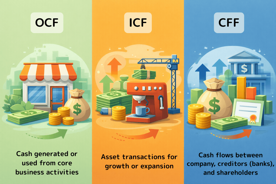 Three components of the cash flow statement: operating, investing, and financing cash flow