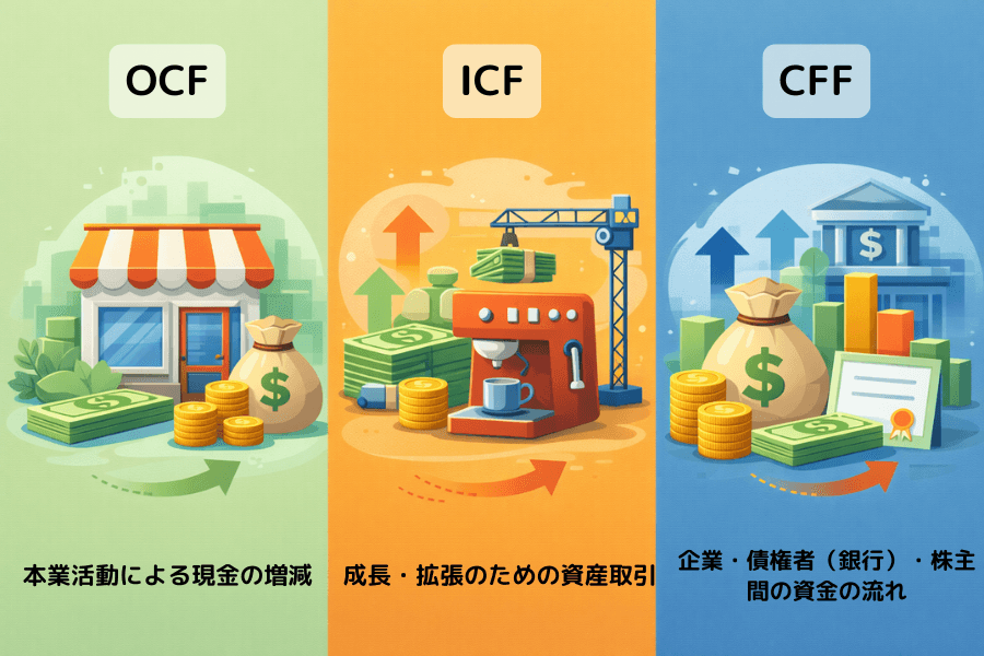 キャッシュフロー計算書の三大構造：営業キャッシュフロー、投資キャッシュフロー、財務キャッシュフロー
