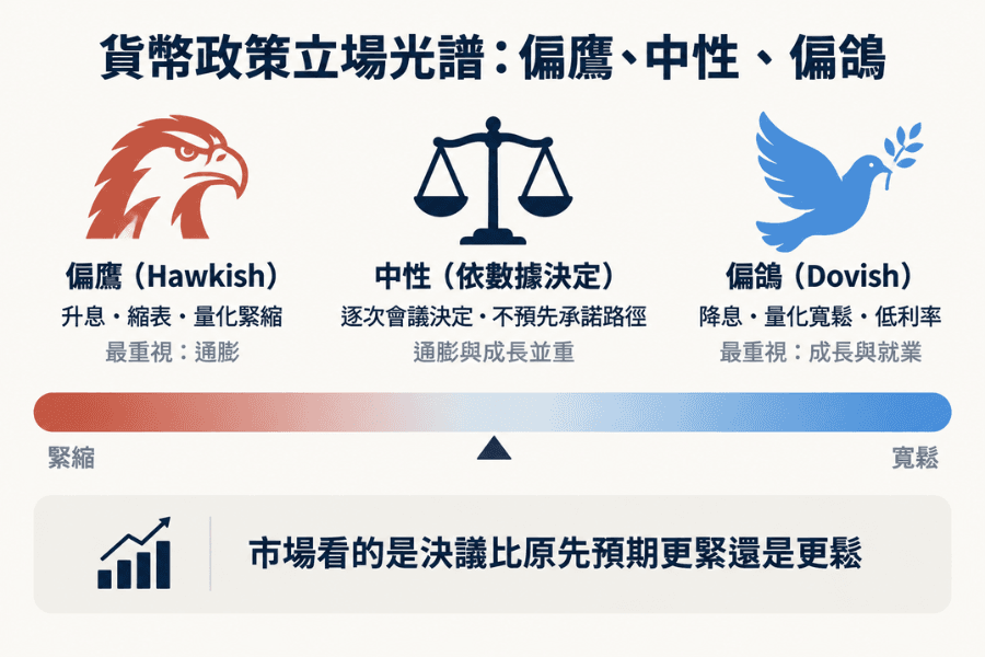 货币政策立场光谱示意图：左端偏鹰，对应升息、缩表与较高利率；中间中性，依数据逐次决定；右端偏鸽，对应降息、量化宽松与较低利率，下方标示各自最重视的风险