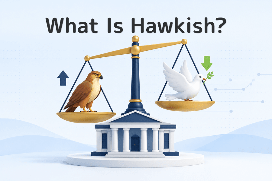 Cover image for What Is Hawkish? A balance scale stands above a central bank building; the hawk on the left pan sits lower than the dove on the right, showing monetary policy tilted toward the hawks