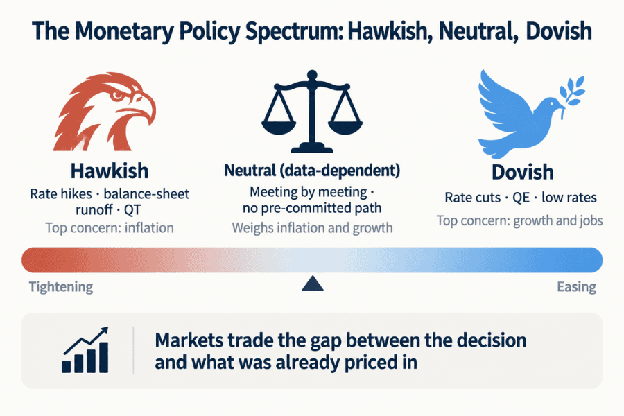 The monetary policy spectrum: hawkish on the left with rate hikes, balance-sheet runoff and higher rates; neutral in the middle, deciding meeting by meeting on the data; dovish on the right with rate cuts, QE and lower rates, with each side's top concern shown below