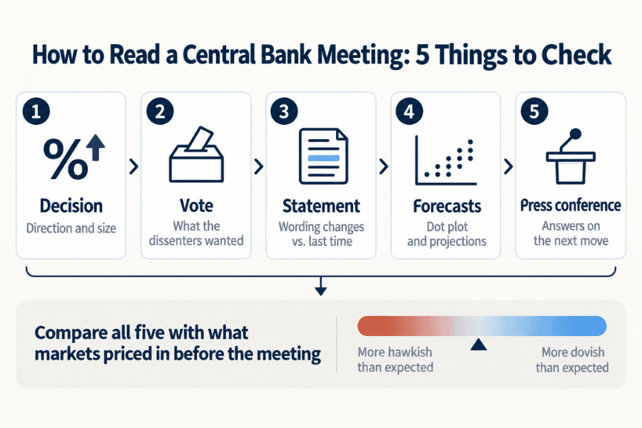 Five-step flow for judging how hawkish a central bank meeting was: the decision's direction and size, the vote and dissents, the statement's wording, projections and the dot plot, and the press conference, all compared at the end with what markets priced in before the meeting