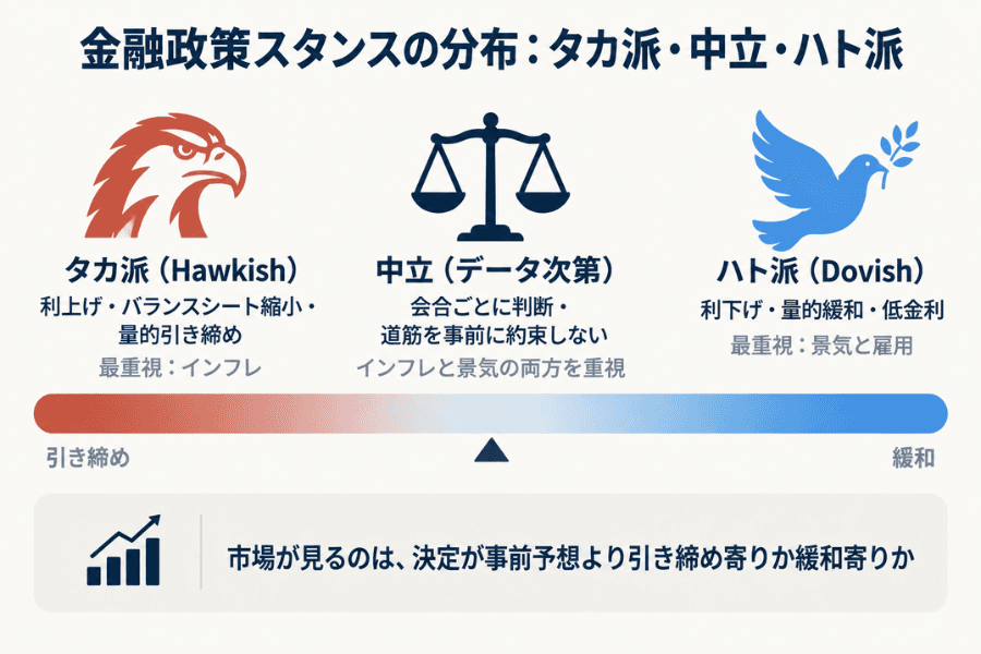 金融政策スタンスを緩和から引き締めまで並べた図。左端はタカ派で利上げ・バランスシート縮小・高めの金利、中央は中立でデータに基づき会合ごとに判断、右端はハト派で利下げ・量的緩和・低めの金利。下にそれぞれが最も重視するリスクを表示