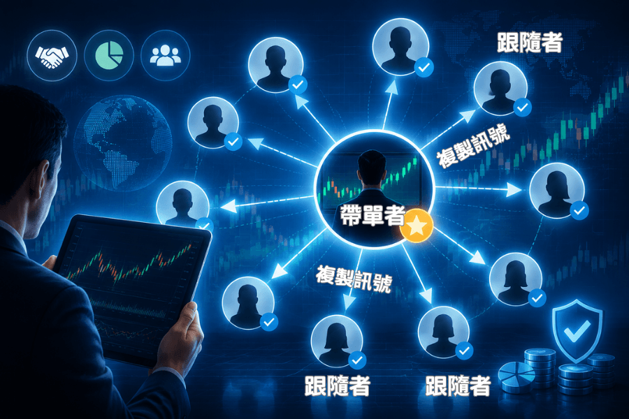 跟單交易運作示意圖:訊號提供者(帶單者)下單後,系統依設定比例將同樣的買賣自動複製到多個跟隨者的帳戶