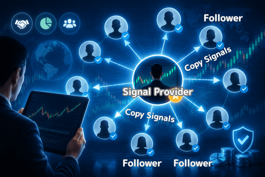 How copy trading works: a lead trader's orders are copied at a set ratio into the accounts of many followers