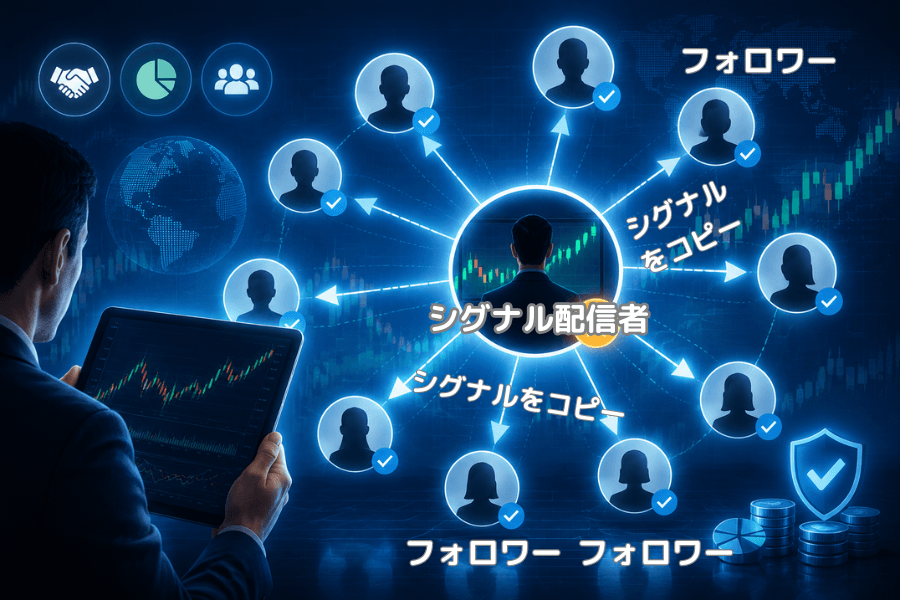 コピートレードの仕組み:シグナル配信者の注文が、一定の比率で多くのフォロワーの口座に自動的にコピーされる