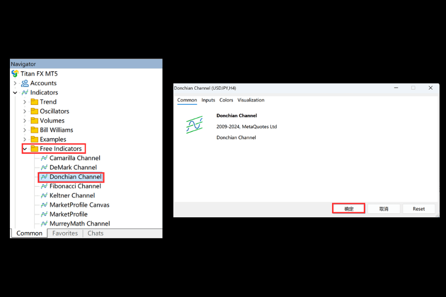 Loading the Donchian Channel on Titan FX MT5: double-click Indicators → Free Indicators → Donchian Channel in the Navigator and apply the settings