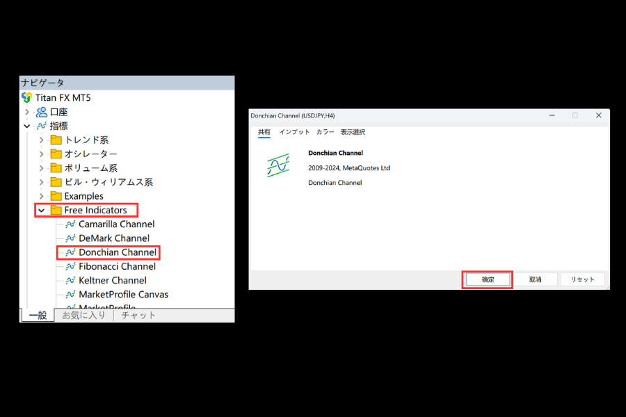 Titan FX MT5 でドンチャン・チャネルを読み込む：ナビゲータの「指標→Free Indicators→Donchian Channel」をダブルクリックして設定を適用