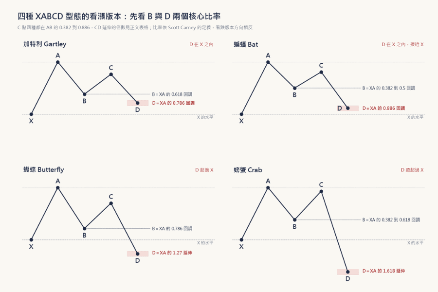 四種 XABCD 諧波型態的看漲版本並排比較圖:加特利 B 0.618、D 0.786,蝙蝠 B 0.382 到 0.5、D 0.886,蝴蝶 B 0.786、D 1.27,螃蟹 B 0.382 到 0.618、D 1.618,前兩種的 D 點在 X 之內,後兩種的 D 點超過 X
