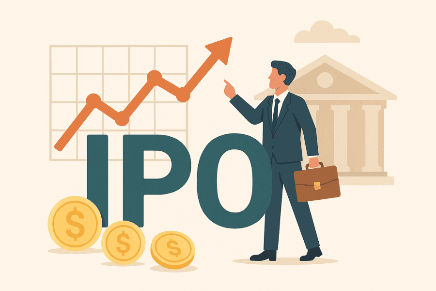 IPO（首次公開發行）是什麼？封面圖，米色背景上是大大的 IPO 字樣，一位提著公事包的商務人士指向上升的折線圖箭頭，旁邊有美元硬幣，背景是證券交易所的建築
