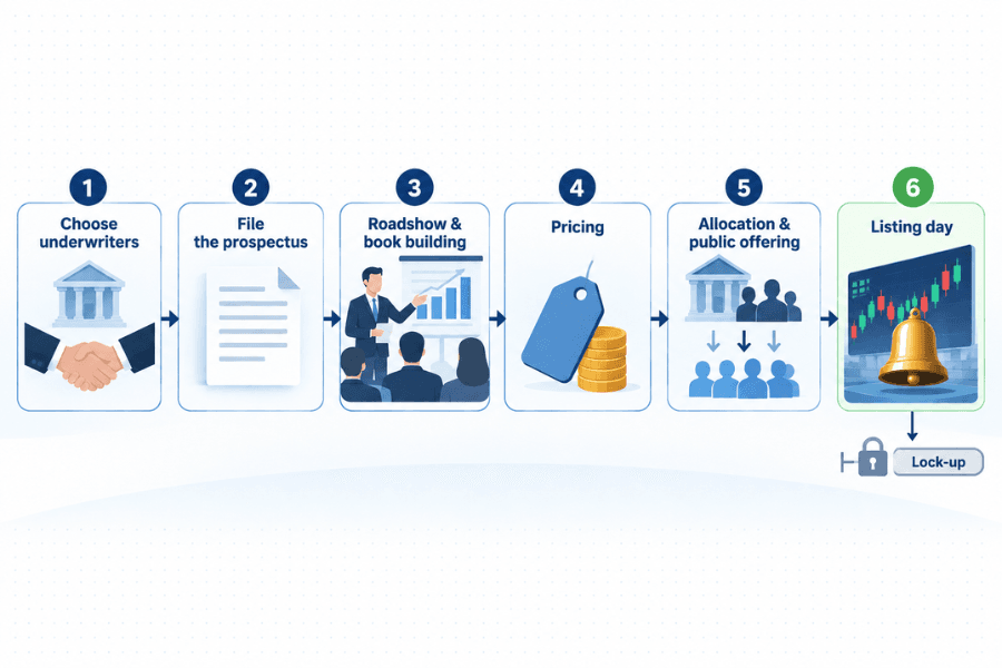 Flow diagram of the six steps of an IPO: 1 choose underwriters, 2 file the prospectus, 3 roadshow and book building, 4 pricing, 5 allocation and public offering, 6 listing day, with a lock-up period marked after the listing