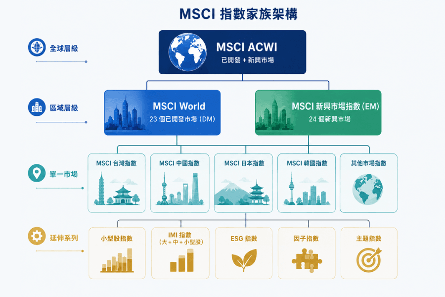 MSCI指数家族架构图:从ACWI、World、新兴市场到单一市场指数的层级关系