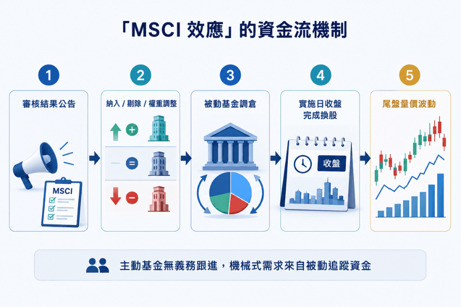 「MSCI效应」资金流机制图:从审核结果公告、被动基金调仓到实施日尾盘量价波动的传导过程