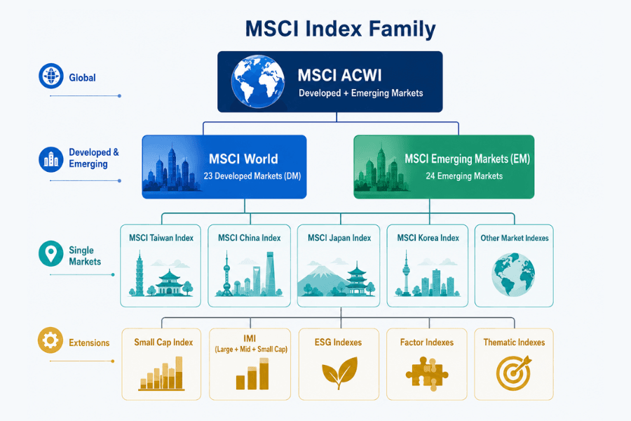 MSCI Index Family structure: the hierarchy from ACWI through World and Emerging Markets down to single-market indexes