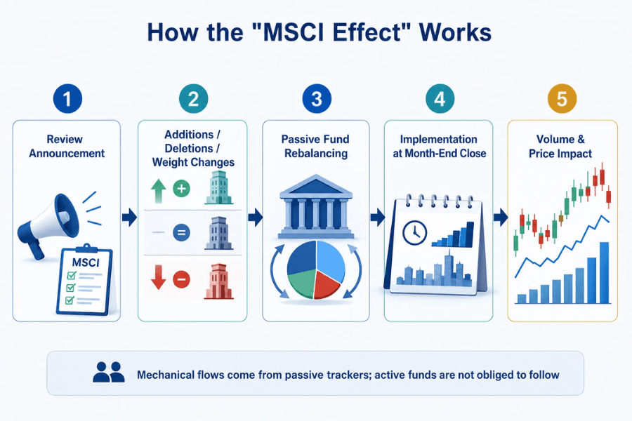 How the MSCI Effect works: from review announcement through passive fund rebalancing to implementation-day volume and price impact