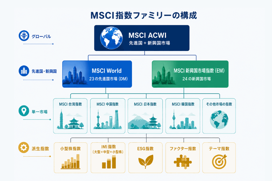 MSCI指数ファミリーの構成図:ACWIからWorld、新興国市場、単一市場指数までの階層関係