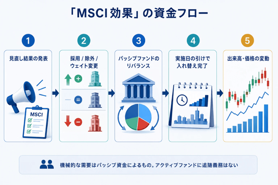 「MSCI効果」の資金フロー図:見直し結果の発表からパッシブファンドのリバランス、実施日の出来高・価格変動までの流れ